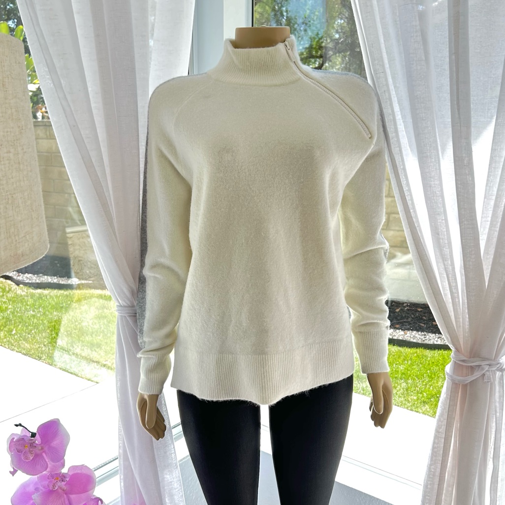 Lou & Grey Pullover Woman Turtleneck Long S White Gray Asymmetrical Sz Small